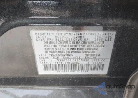 2021 Nissan Sentra S Xtronic Cvt from USA, damaged, VIN 3N1AB8BV0MY303235